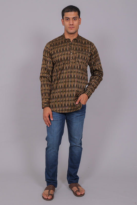 Bluebird Men's Olive Ikat Printed Short Kurta
