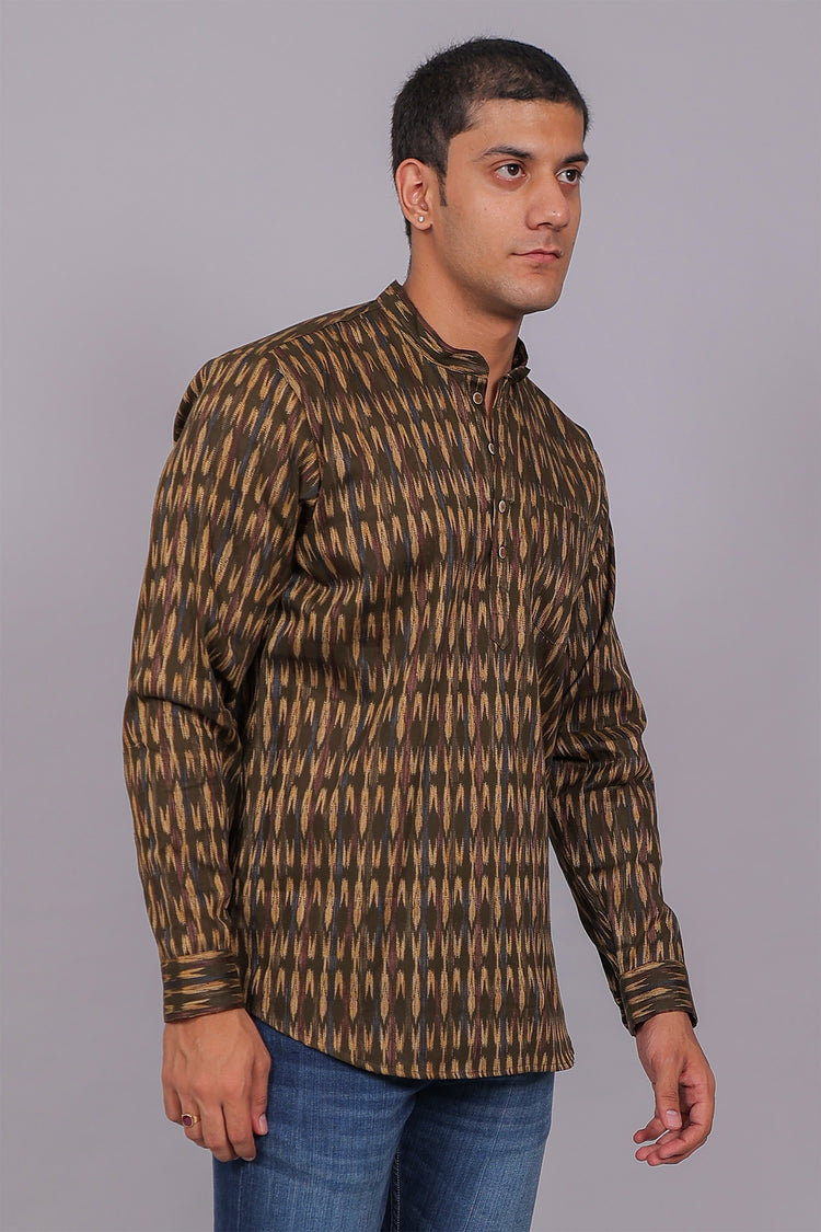 Bluebird Men's Olive Ikat Printed Short Kurta