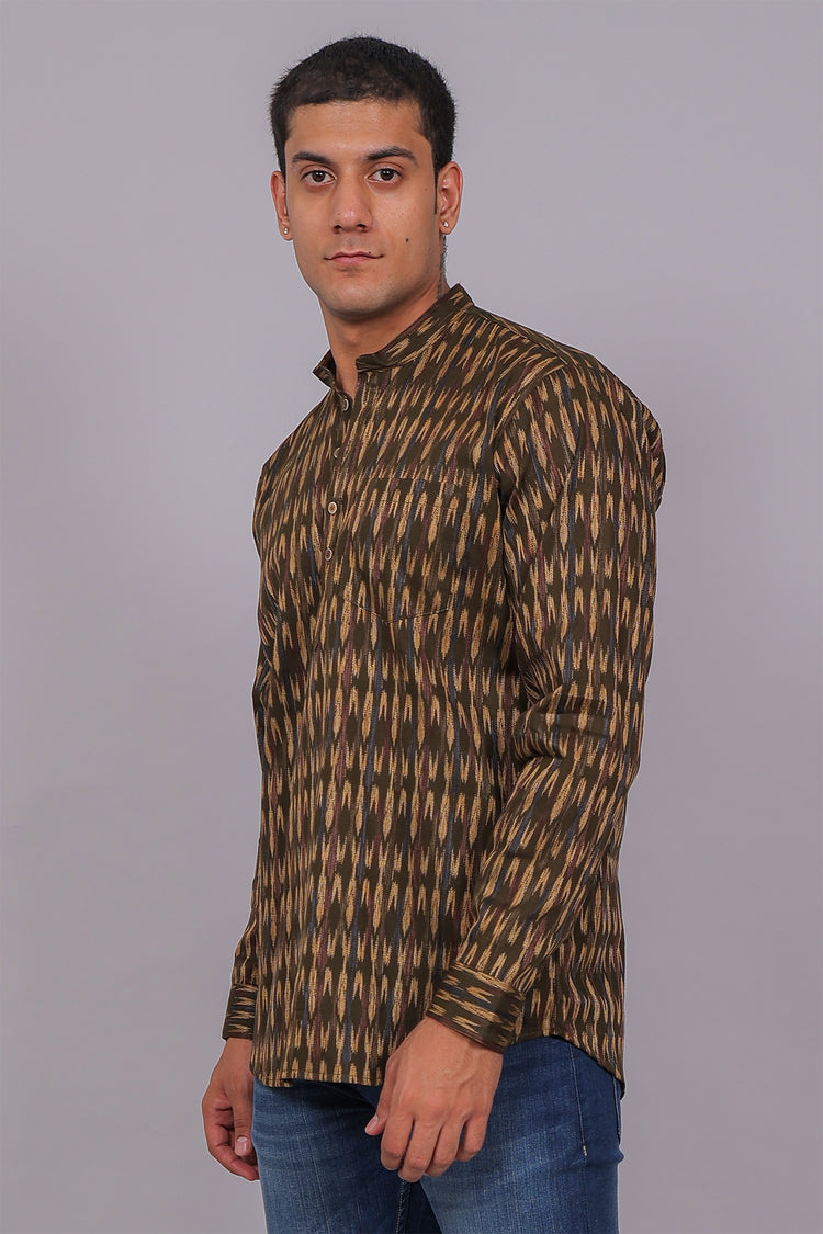 Bluebird Men's Olive Ikat Printed Short Kurta