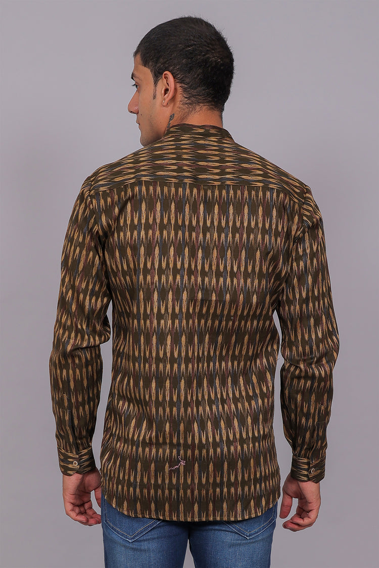 Bluebird Men's Olive Ikat Printed Short Kurta