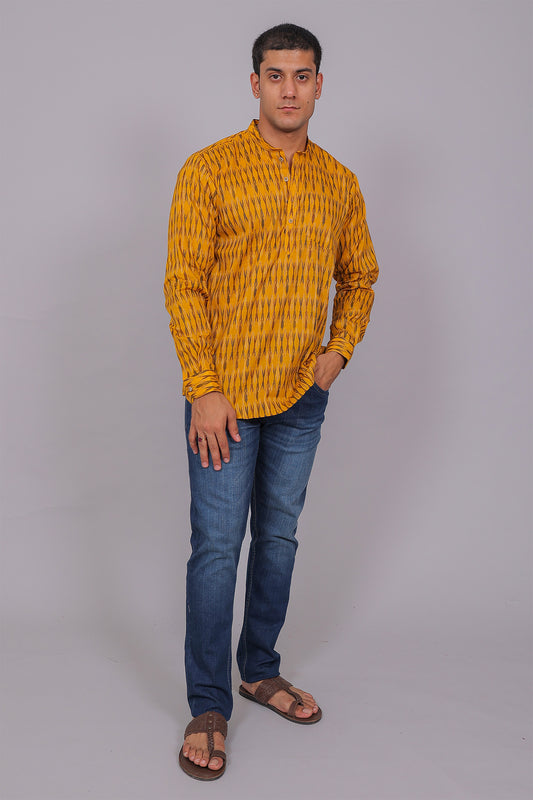 Bluebird Men's Yellow Ikat Printed Short Kurta