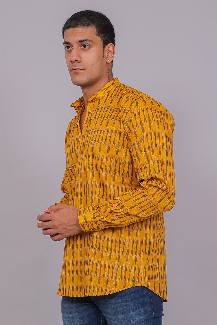Bluebird Men's Yellow Ikat Printed Short Kurta