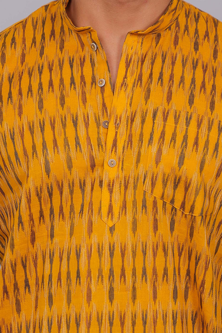 Bluebird Men's Yellow Ikat Printed Short Kurta