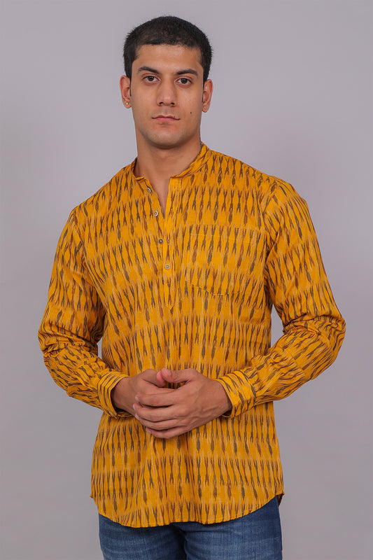 Bluebird Men's Yellow Ikat Printed Short Kurta