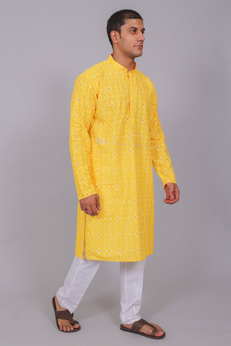 Bluesaanchi Men's Chikankari Threadwork & Sequin Kurta Set –Yellow