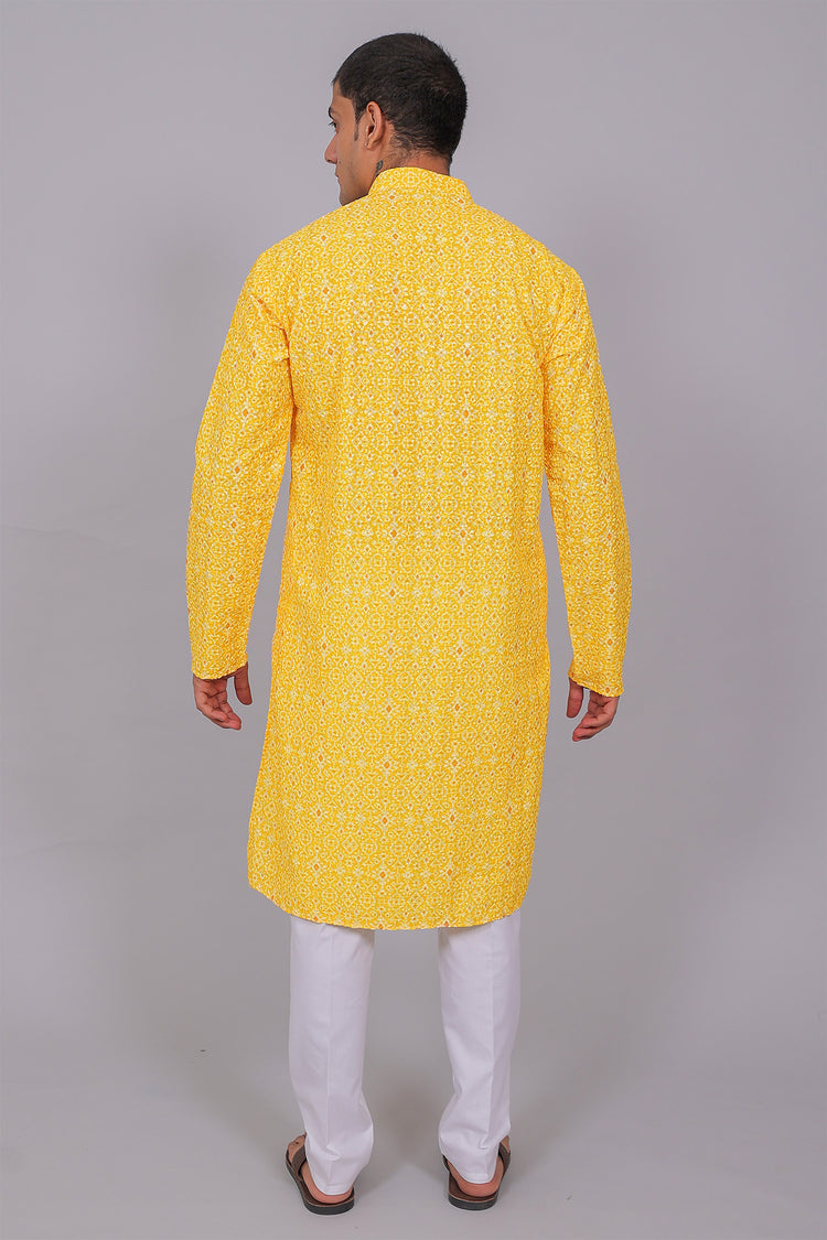 Bluesaanchi Men's Chikankari Threadwork & Sequin Kurta Set –Yellow