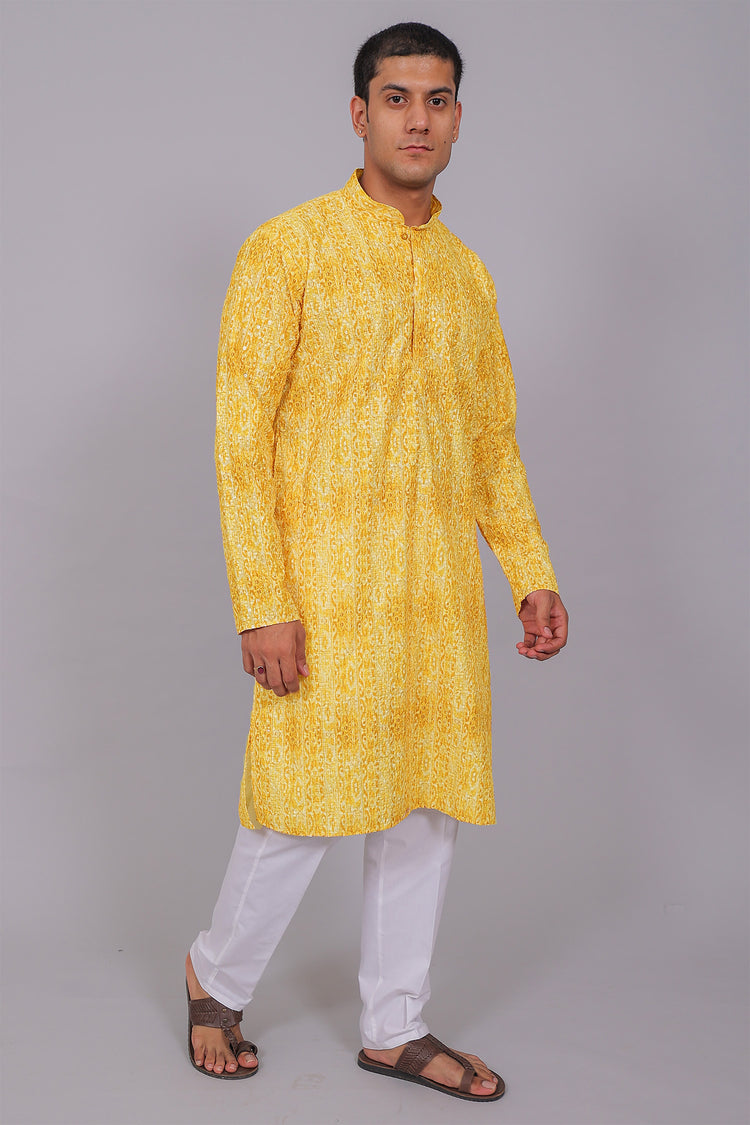 Bluesaanchi Men's Chikankari Threadwork & Sequin Kurta Set –Yellow Brown