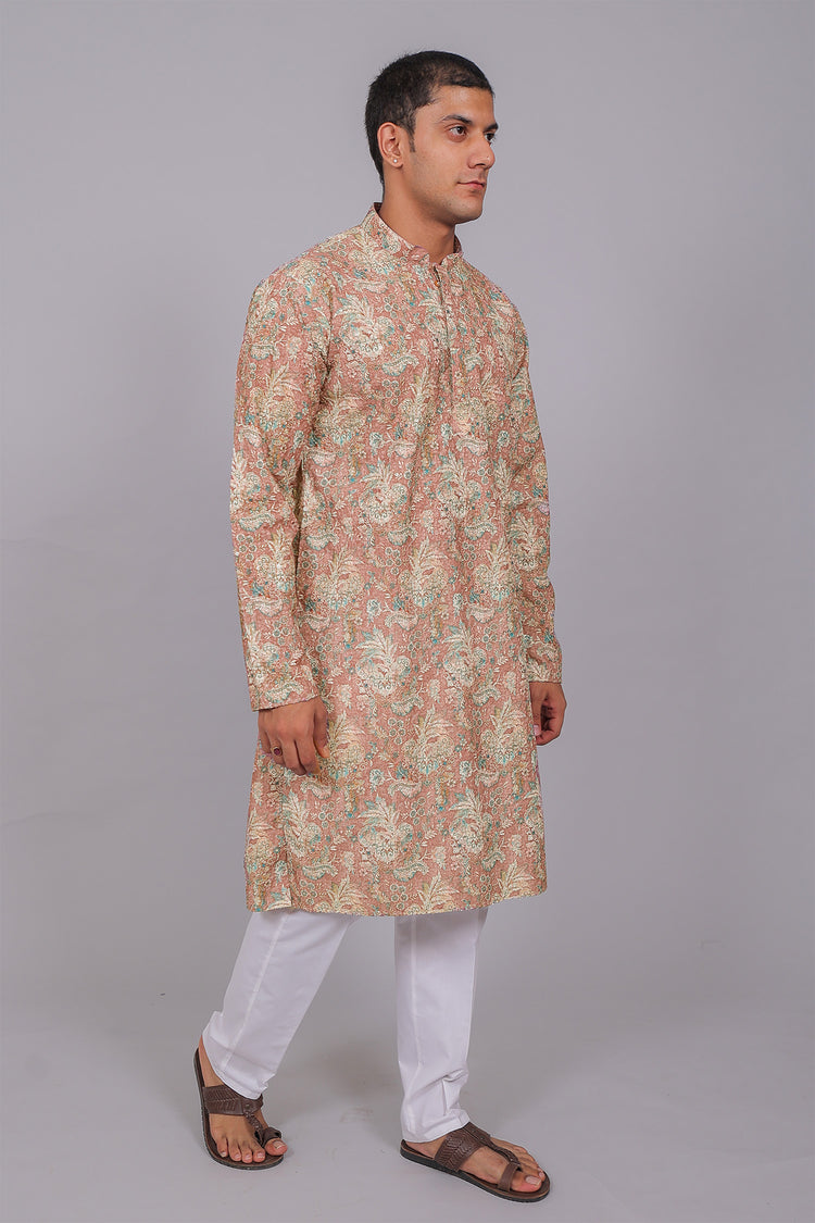 Bluesaanchi Men's Chikankari Threadwork & Sequin Kurta Set –Coral Pink