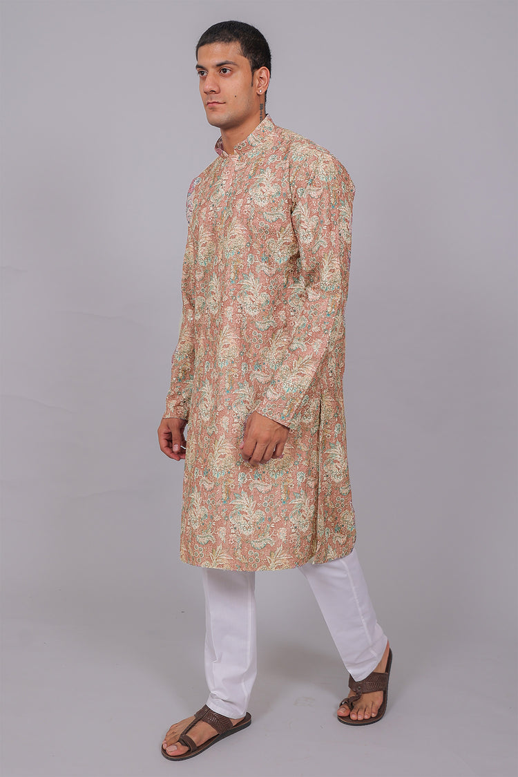 Bluesaanchi Men's Chikankari Threadwork & Sequin Kurta Set –Coral Pink
