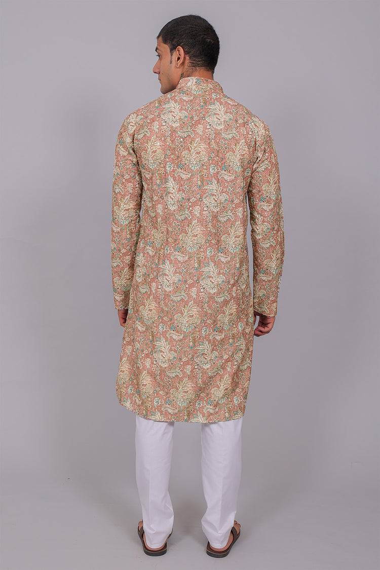 Bluesaanchi Men's Chikankari Threadwork & Sequin Kurta Set –Coral Pink