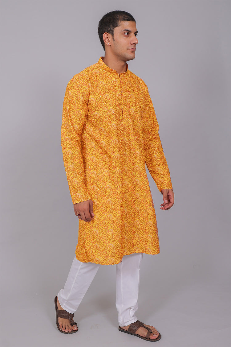Bluesaanchi Men's Chikankari Threadwork & Sequin Kurta Set –Yellow Pink