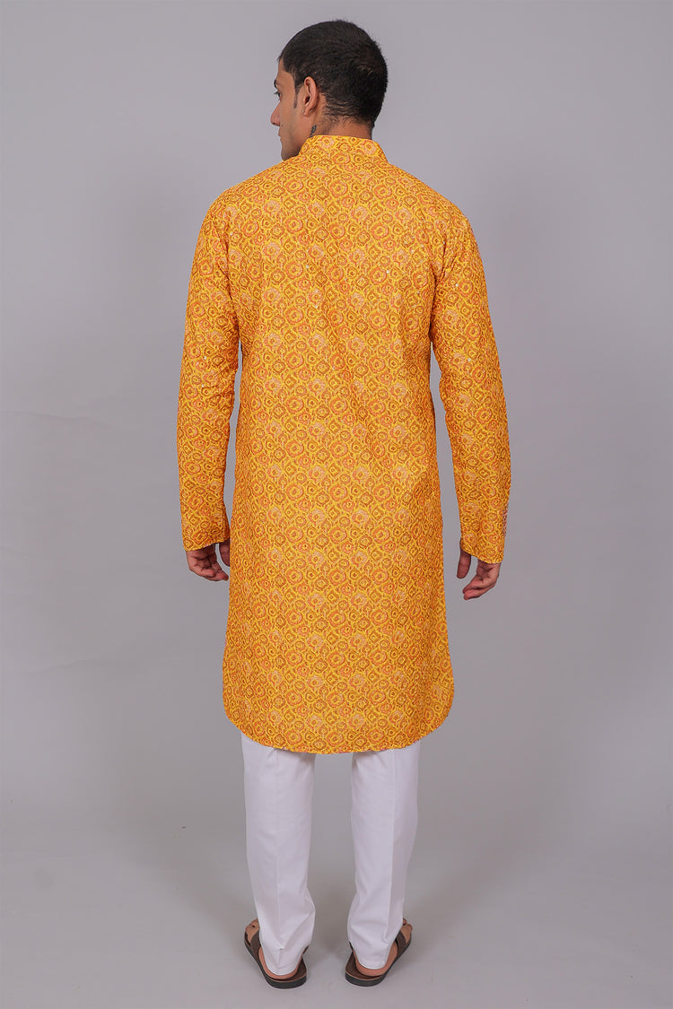 Bluesaanchi Men's Chikankari Threadwork & Sequin Kurta Set –Yellow Pink