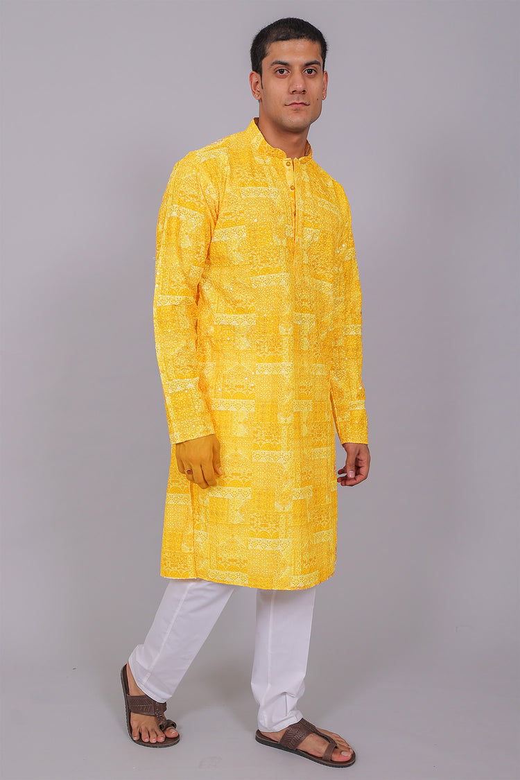 Bluesaanchi Men's Chikankari Threadwork & Sequin Kurta Set –Light Yellow