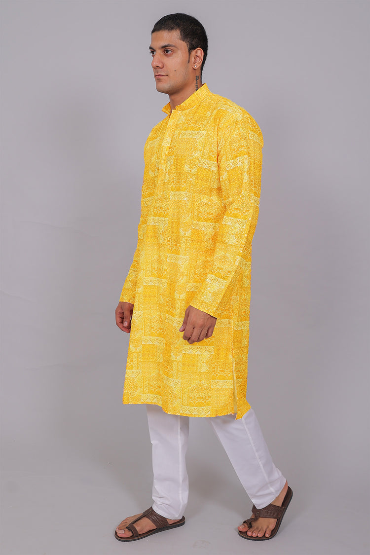 Bluesaanchi Men's Chikankari Threadwork & Sequin Kurta Set –Light Yellow