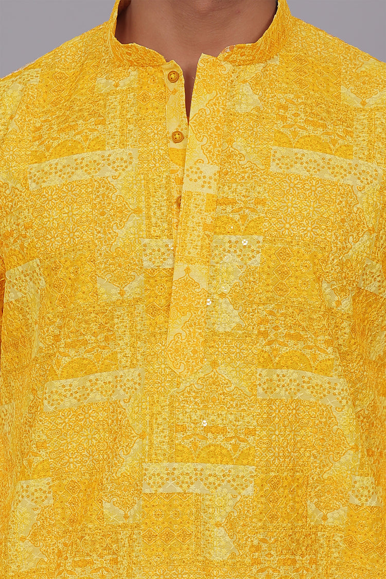Bluesaanchi Men's Chikankari Threadwork & Sequin Kurta Set –Light Yellow