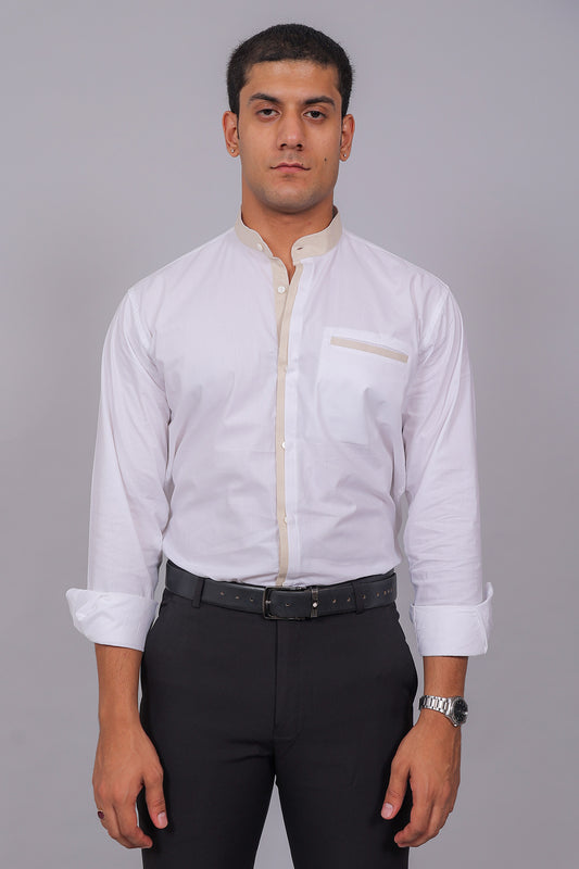 Bluebird Men’s White Shirt – Beige Accent