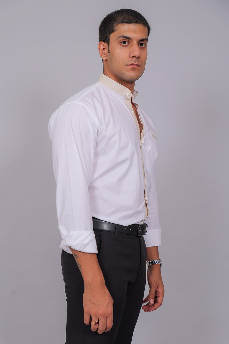 Bluebird Men’s White Shirt – Beige Accent