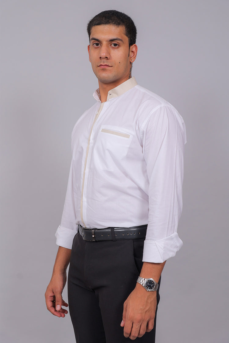 Bluebird Men’s White Shirt – Beige Accent