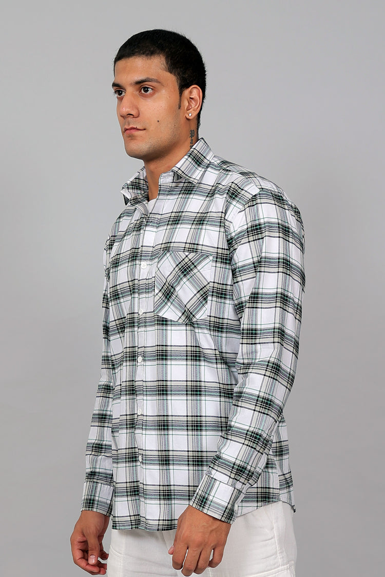 Bluebird Men’s WHITE BLACK GREEN Checked Shirt