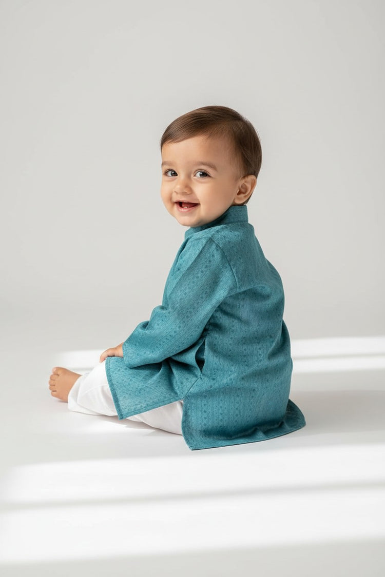 Kids' Turquoise Blue Jacquard Cotton Blend Kurta Pajama Set