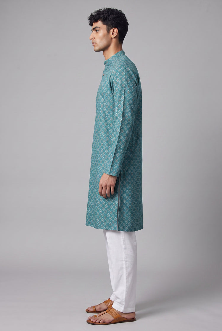 Veshbhoshaa Men's Turquoise Printed Kurta Set