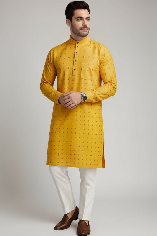 Veshbhoshaa Mens's Yellow Printed Kurta Pajama Set