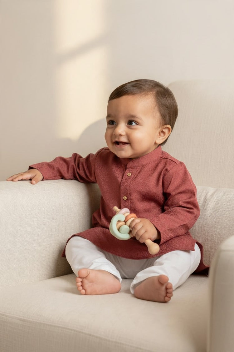 Kids' Maroon Jacquard Cotton Blend Kurta Pajama Set