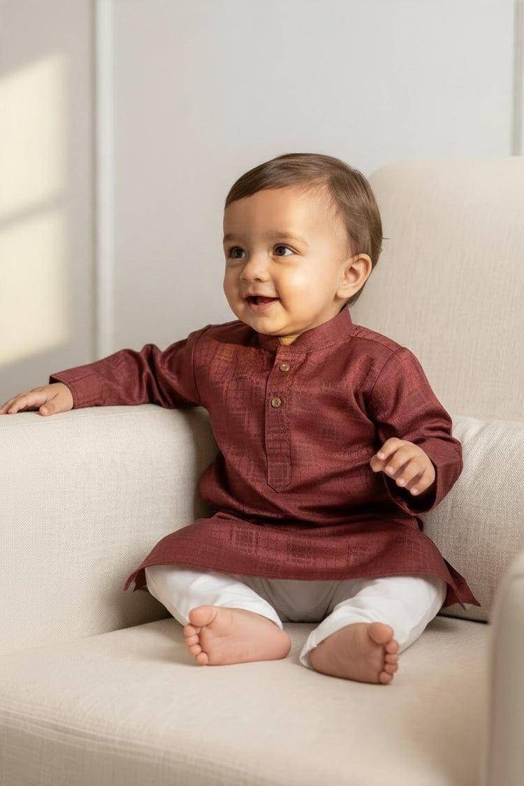 Kids' Maroon Jacquard Cotton Blend Kurta Pajama Set