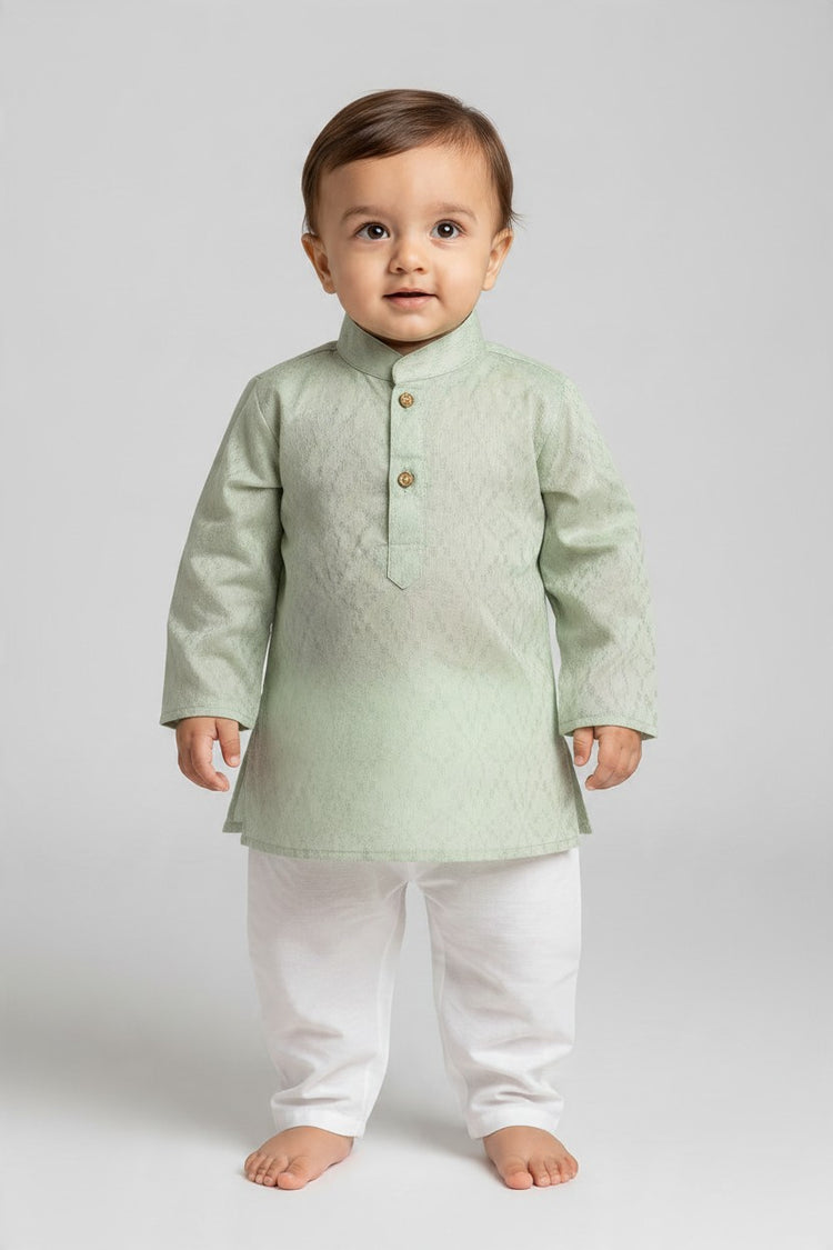 Kids' Mint Green Jacquard Cotton Blend Kurta Pajama Set
