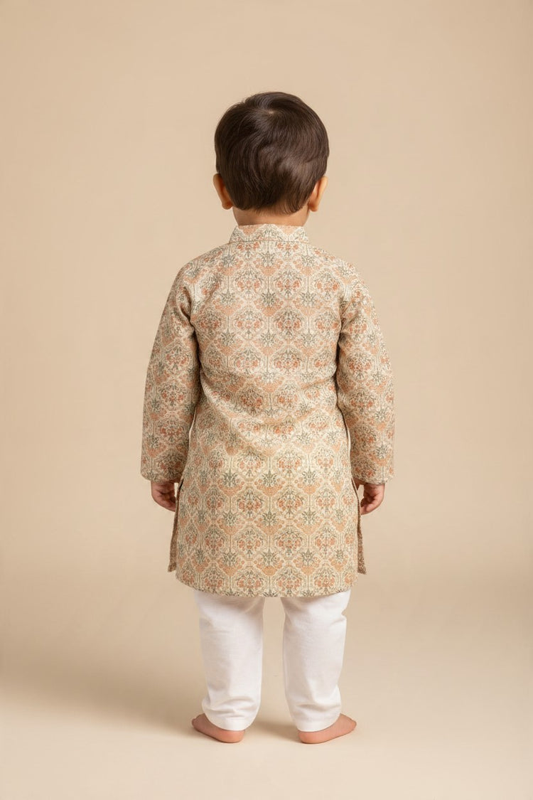 Kids' Off White Printed Kurta Pajama Set with Sequin Work