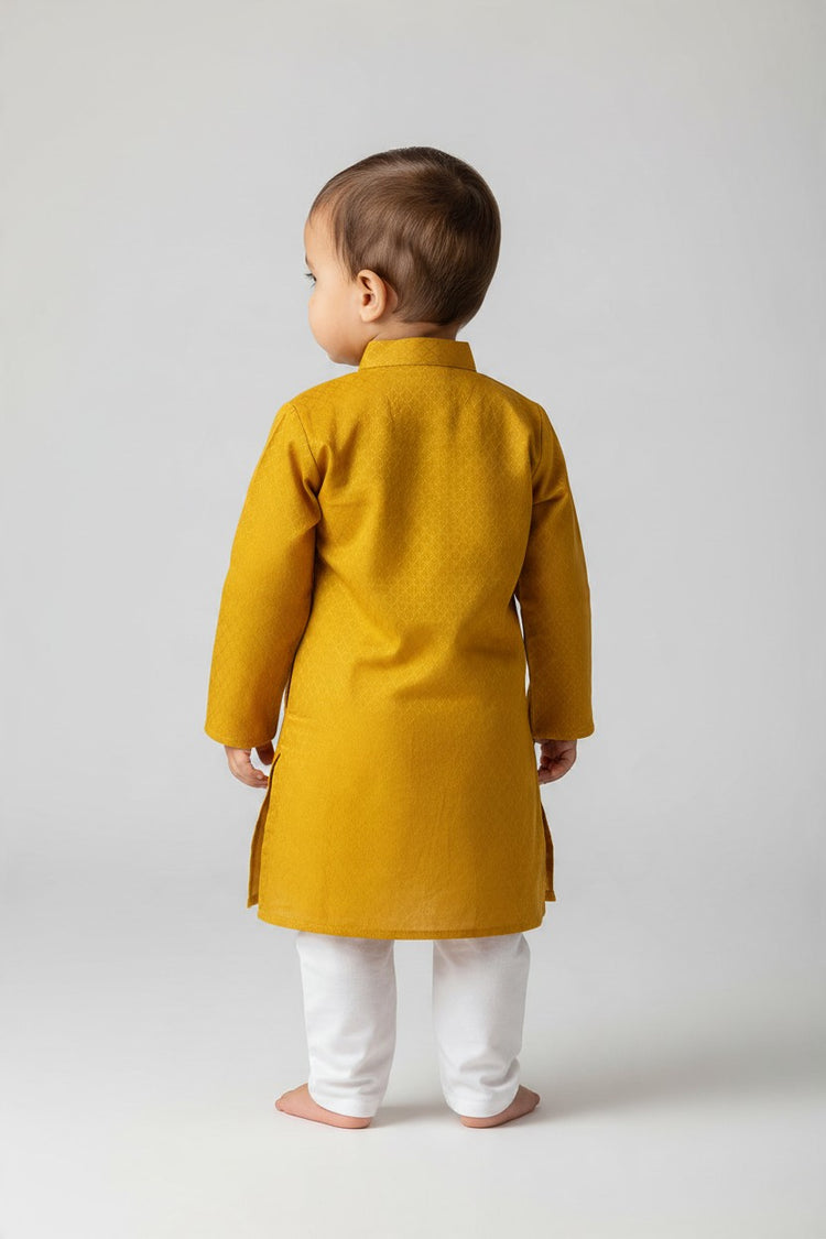 Kids' Mustard Yellow Jacquard Cotton Blend Kurta Pajama Set