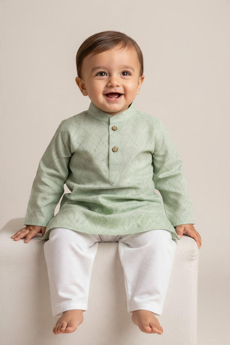 Kids' Mint Green Jacquard Cotton Blend Kurta Pajama Set