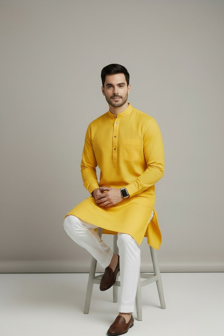 Veshbhoshaa Men's Yellow Design Kurta Pajama Set