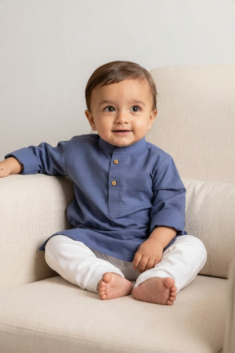 Kids' Blue Cotton Blend Kurta Pajama Set