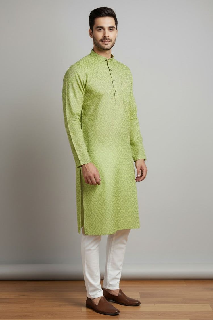 Veshbhoshaa Mens's Green Printed Kurta Pajama Set