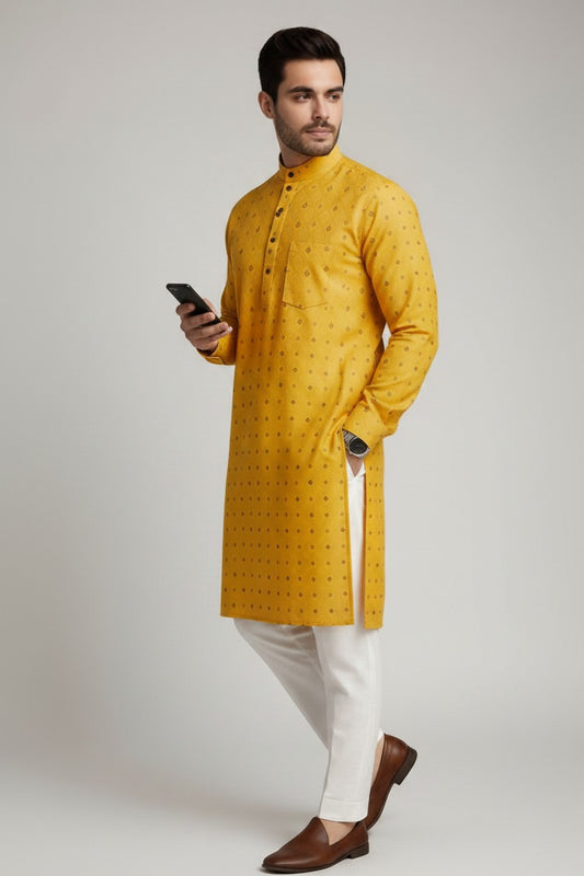 Veshbhoshaa Mens's Yellow Printed Kurta Pajama Set