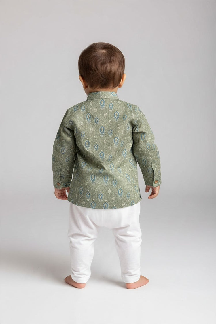Kids' Sage Green Printed Cotton Blend Kurta Pajama Set
