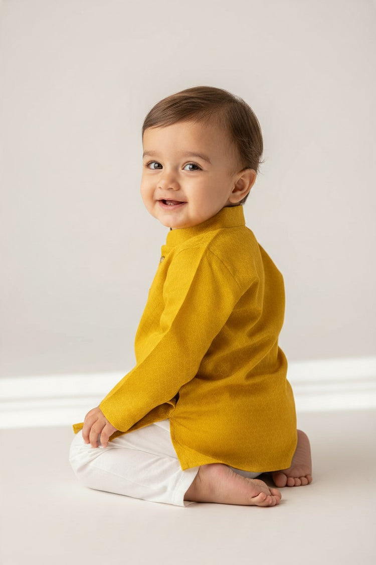 Kids' Mustard Yellow Jacquard Cotton Blend Kurta Pajama Set
