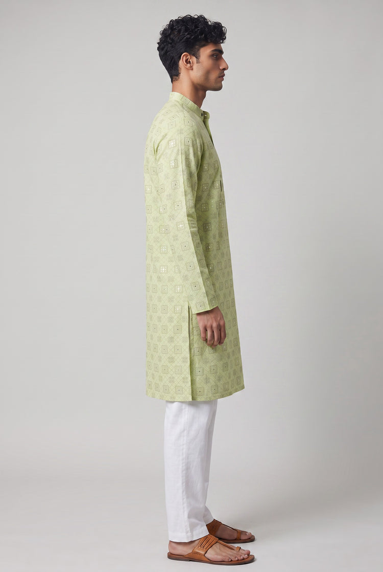 Veshbhoshaa Men's Soft Green Printed Kurta Set