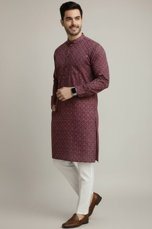 Veshbhoshaa Mens's Maroon Printed Kurta Pajama Set