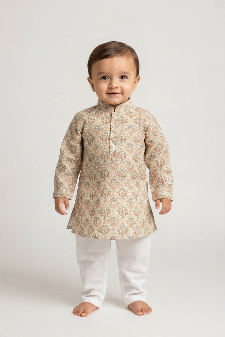 Kids' Off White Printed Kurta Pajama Set with Sequin Work