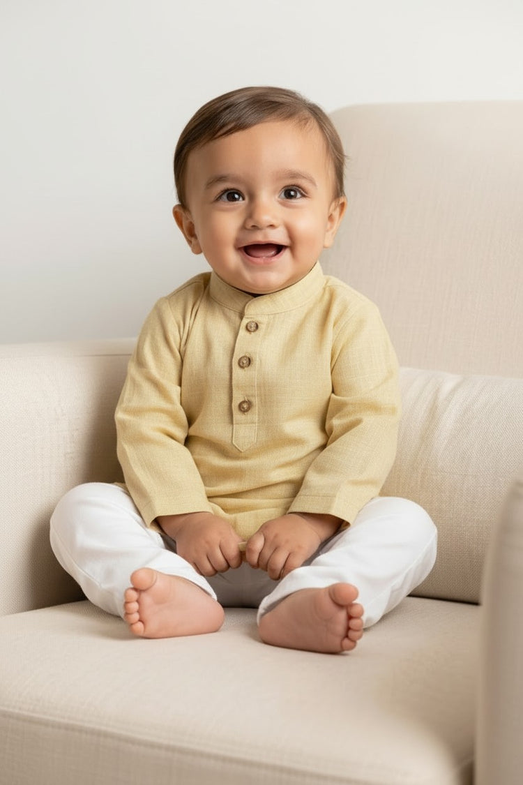 Kids' Beige Cotton Blend Kurta Pajama Set