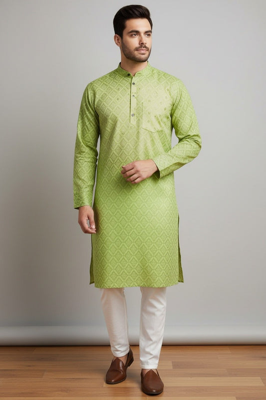 Veshbhoshaa Mens's Green Printed Kurta Pajama Set