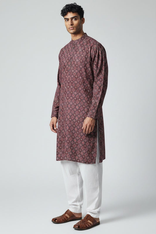 Men's Maroon Printed Kurta Pajama Set