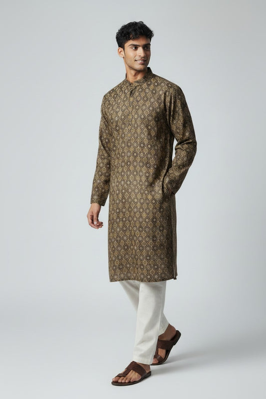 Men's Dark Brown Printed Kurta Pajama Set