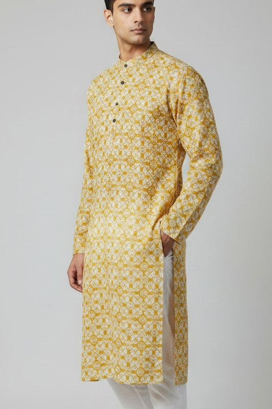 Men's Yellow Printed Kurta Pajama Set