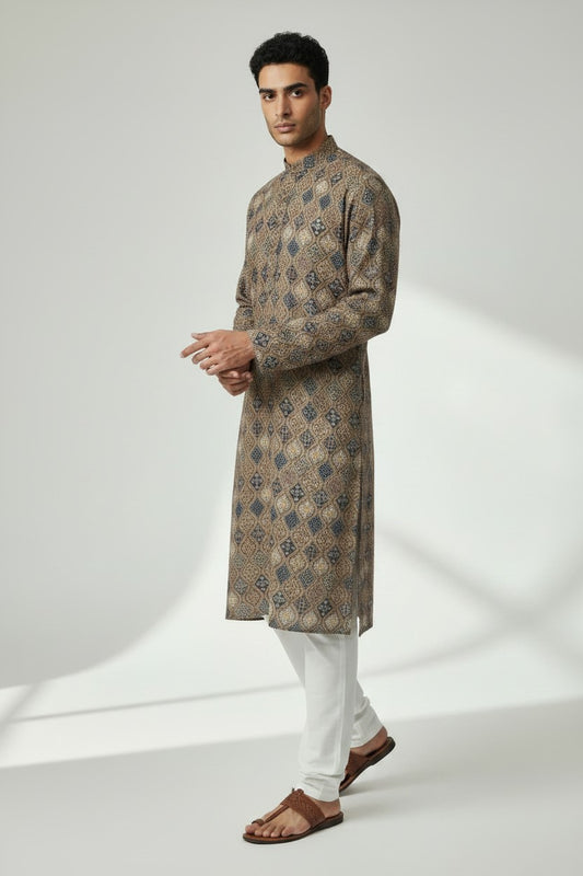 Men's Dark Brown Printed Kurta Pajama Set