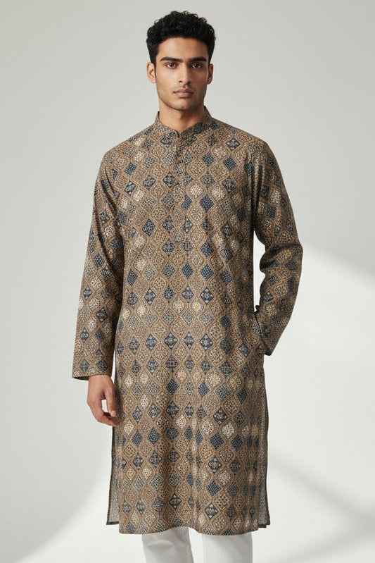 Men's Dark Brown Printed Kurta Pajama Set