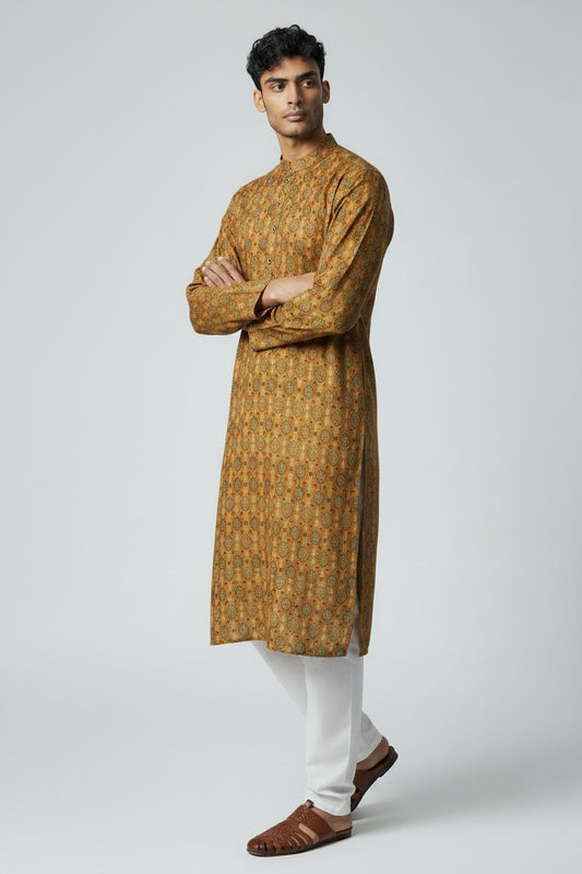 Men's Brown Printed Kurta Pajama Set