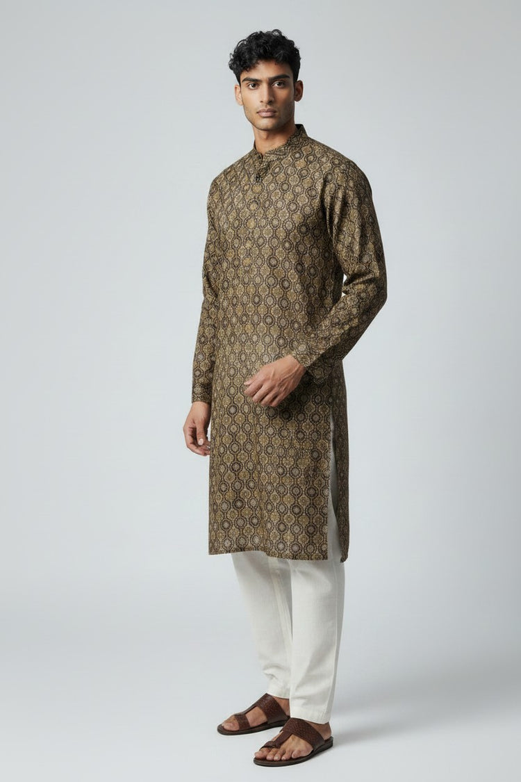 Men's Dark Brown Printed Kurta Pajama Set